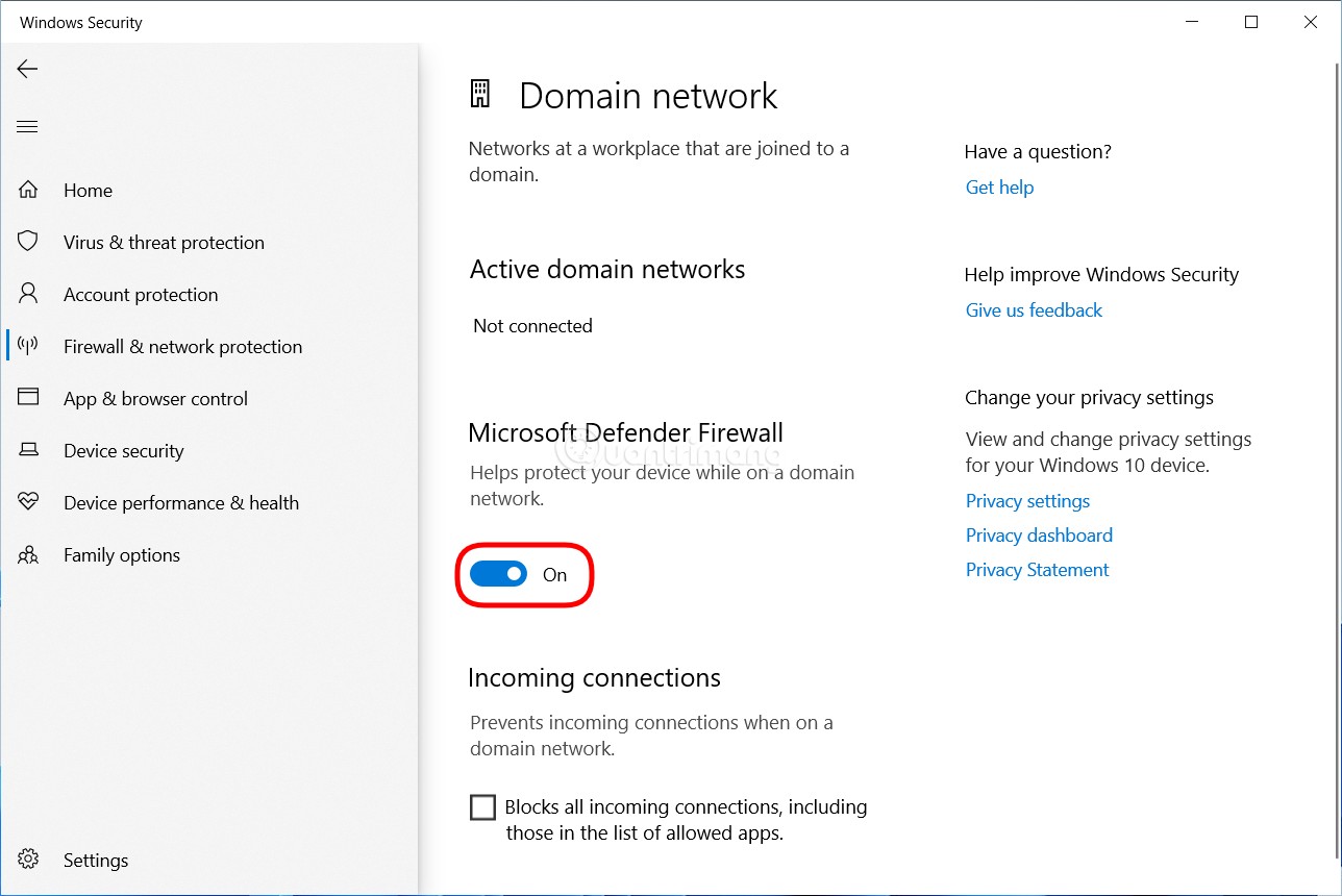 Gạt công tắc ở phần Microsoft Defender Firewall từ On sang Off