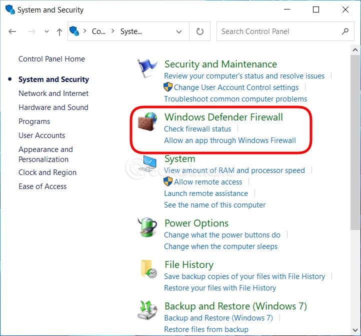 Nhấp vào Windows Defender Firewall