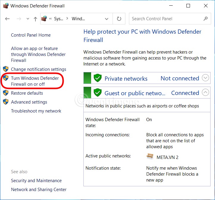 Nhấp vào Turn Windows Firewall on or off