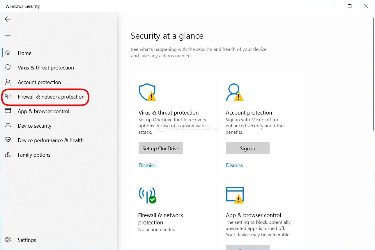 Nhấn vào Firewall & network protection