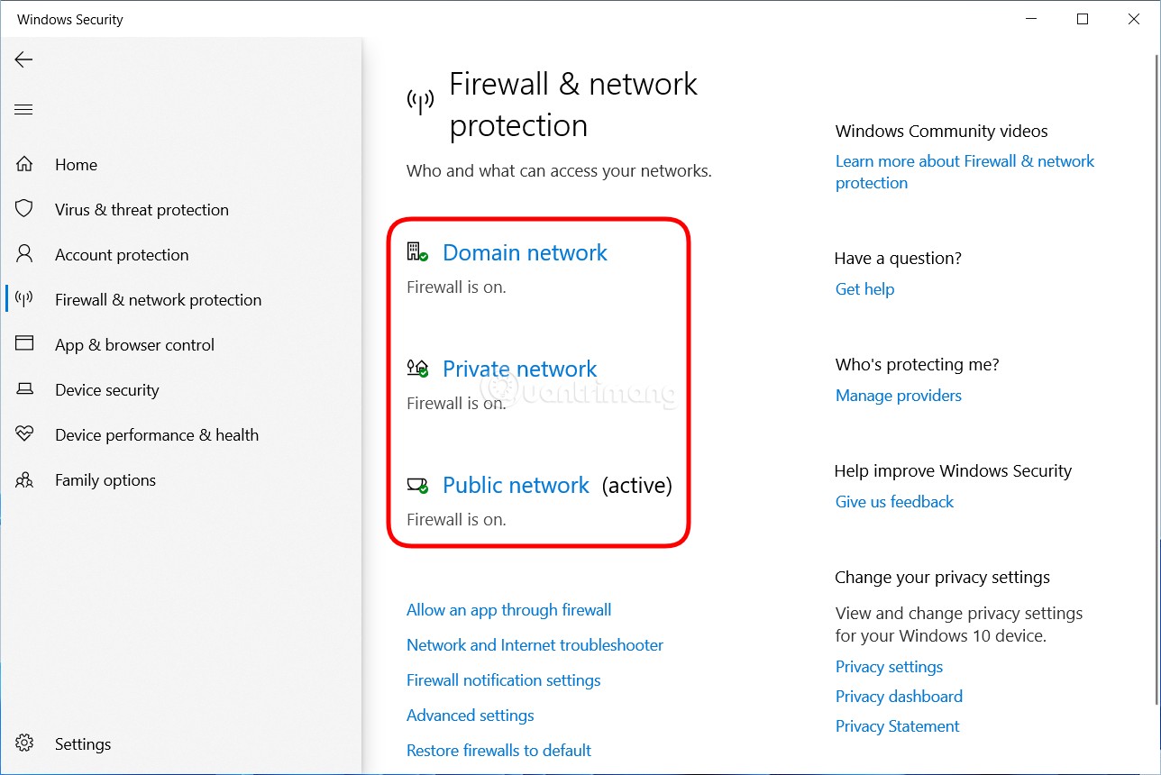 Nhấp vào Domain network, Private network và Public network