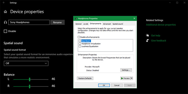 Chuyển sang tab Enhancements