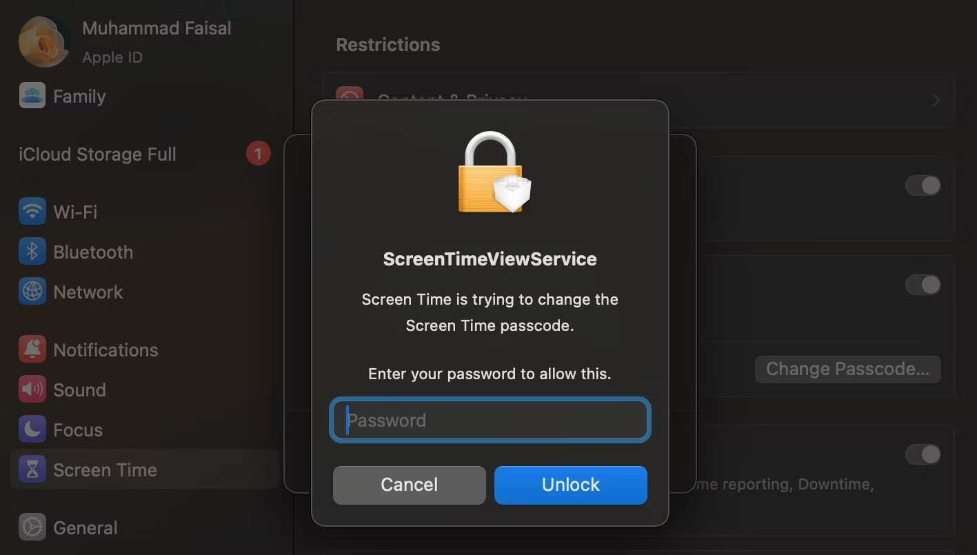 Nhập mật khẩu admin của máy Mac để reset mật mã thời gian sử dụng thiết bị của trẻ