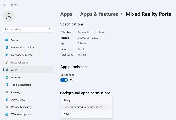 Background apps permissions