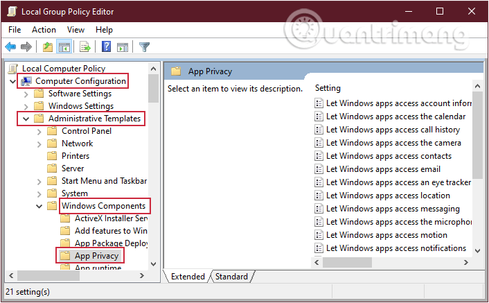 Điều hướng theo đường dẫn Computer Configuration > Administrative Templates > Windows Components > App Privacy