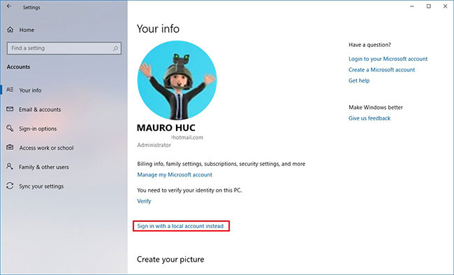Nhấp vào liên kết Sign in with a local account instead